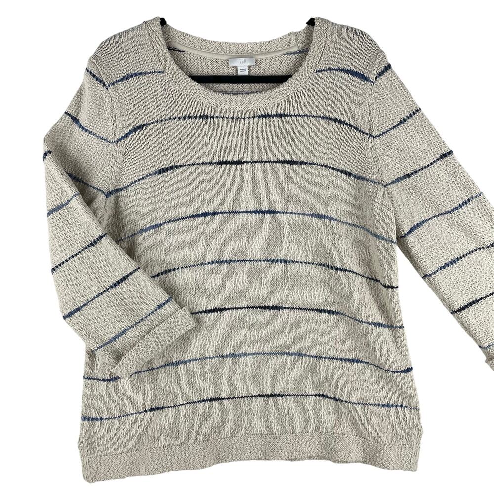 J.Jill Womens Textured 3/4 Sleeve Pullover Sweater L Cream Navy Striped